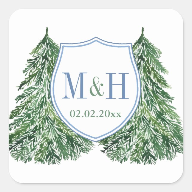 Elegant Blue And Green Forest Winter Wedding Logo Square Sticker (Front)