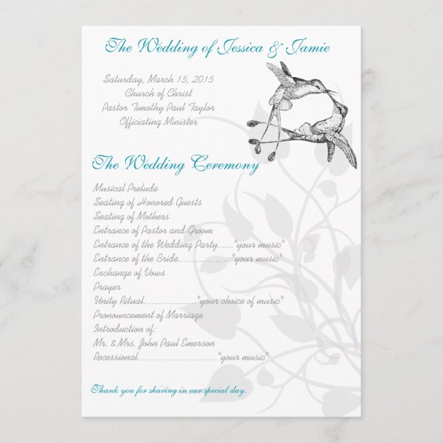 Elegant Blue and Grey Hummingbird Kiss Love Bird Program (Front)