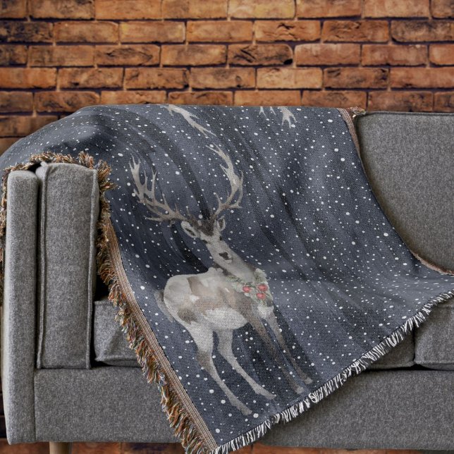 Elegant Blue and Grey Snowy Reindeer Christmas  Throw Blanket (Creator Uploaded)