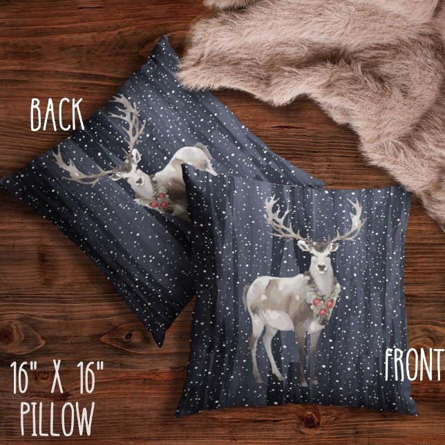 Elegant Blue and Grey Snowy Reindeer Christmas  Throw Pillow (Creator Uploaded)