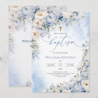 Elegant Blue and Ivory Floral Boy Baptism Christen Invitation