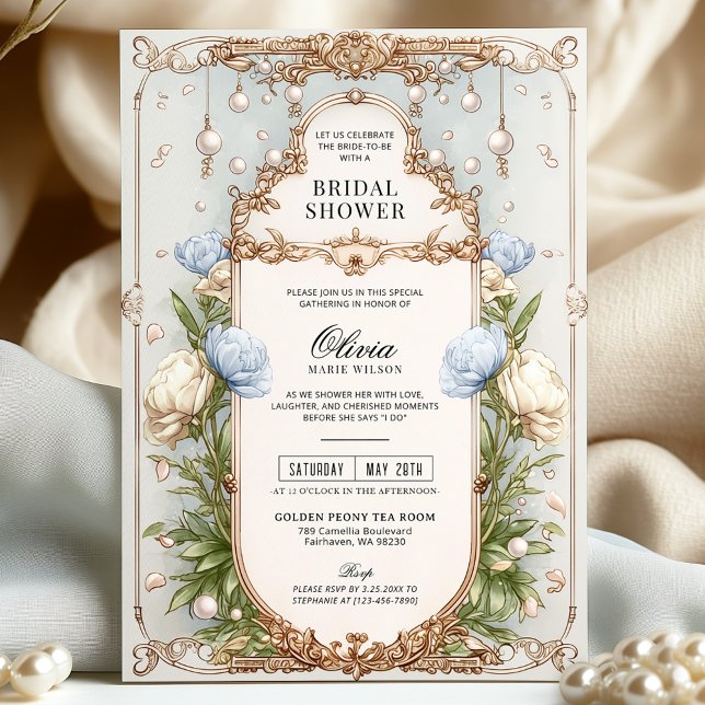 Elegant Blue and Ivory Floral Bridal Shower  Invitation (Creator Uploaded)