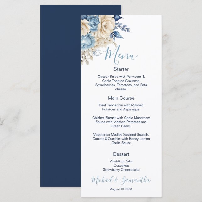 Elegant Blue and Ivory Rose Wedding Menu (Front/Back)