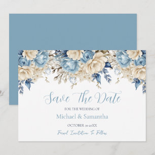 Elegant Blue and Ivory Rose Wedding Save The Date