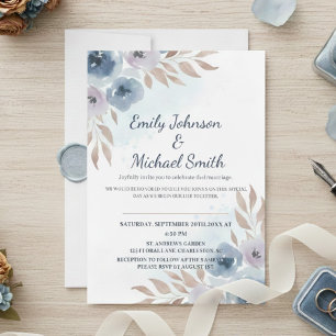 Elegant Blue and Lilac Watercolor Roses Wedding  Invitation
