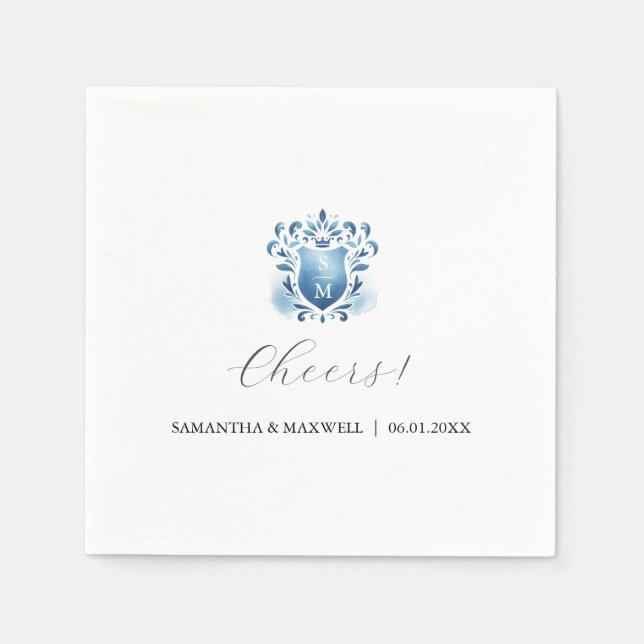 Elegant Blue and Monogrammed Crest Napkin (Front)