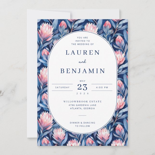 Elegant Blue and Pink Floral Invitation (Front)