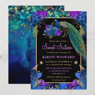 Elegant Blue and Purple Floral Peacock Sweet 16 Invitation