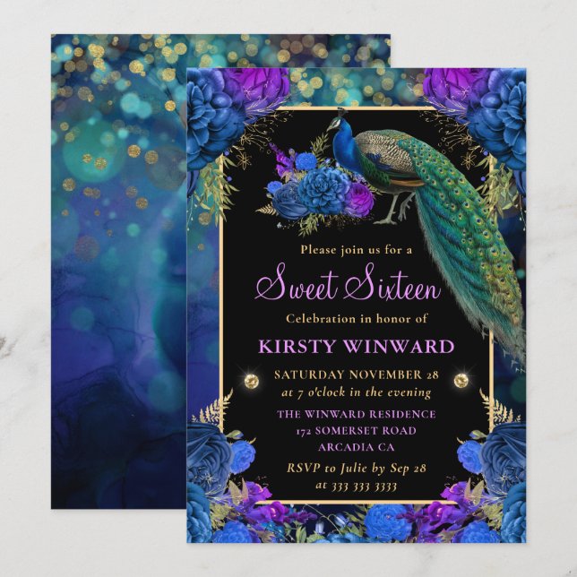 Elegant Blue and Purple Floral Peacock Sweet 16 Invitation (Front/Back)