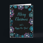 Elegant Blue and Purple Snowflakes Merry Christmas Holiday Card<br><div class="desc">A beautiful Christmas card design featuring elegant turquoise blue and purple snowflakes on a black background. Inside there is a space for a message. A perfect way to greet your friends and relatives in this festive season. The page background colours and the text can be changed to suit your own...</div>