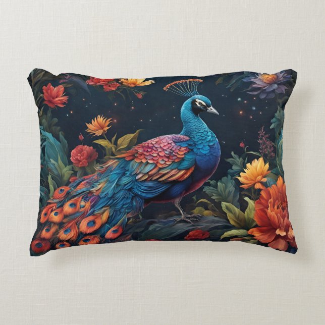 Elegant Blue and range Peacock Star Filled Garden Accent Pillow (Front)