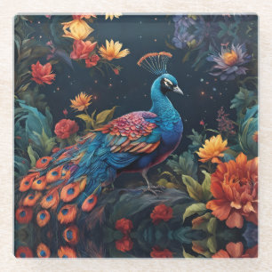 Elegant Blue and range Peacock Star Filled Garden Glass Coaster