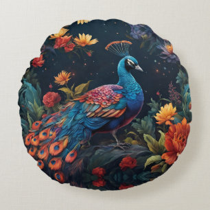 Elegant Blue and range Peacock Star Filled Garden Round Pillow