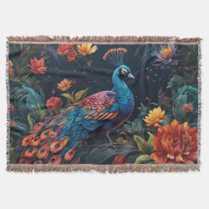 Elegant Blue and range Peacock Star Filled Garden Throw Blanket