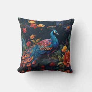 Elegant Blue and range Peacock Star Filled Garden Throw Pillow