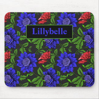 Elegant Blue And Red Flower Black Background Mouse Pad