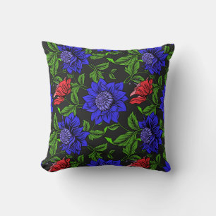 Elegant Blue And Red Flower Black Background Throw Pillow