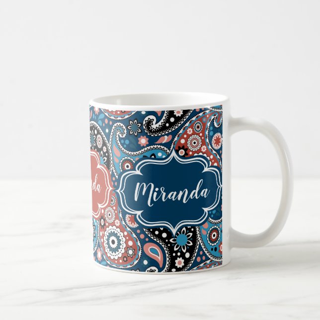 Elegant Blue and Red Paisley Print Custom Text Coffee Mug (Right)