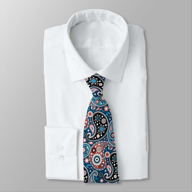 Elegant Blue and Red Persian Paisley Print Tie (Tied)