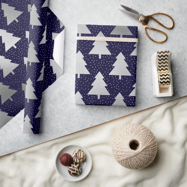 Elegant Blue and Silver Faux Foil Christmas Tree Wrapping Paper (Crafts)