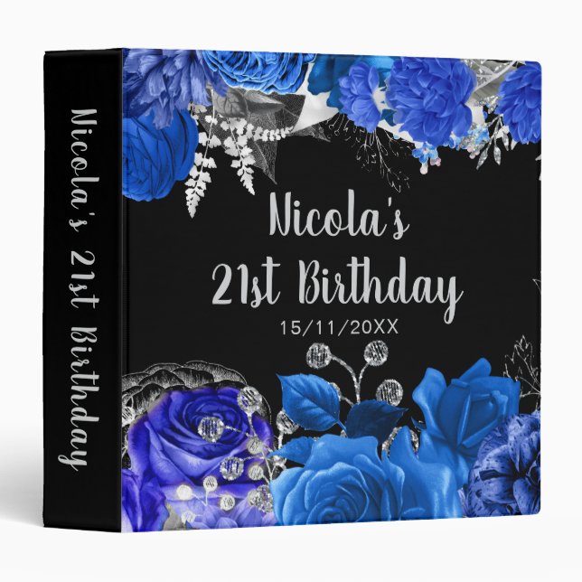 Elegant Blue and Silver Flowers Birthday Party Binder (Front/Spine)