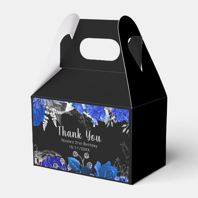 Elegant Blue and Silver Flowers Birthday Party Favor Box (Front Side)