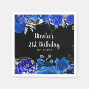 Elegant Blue and Silver Flowers Birthday Party Napkin