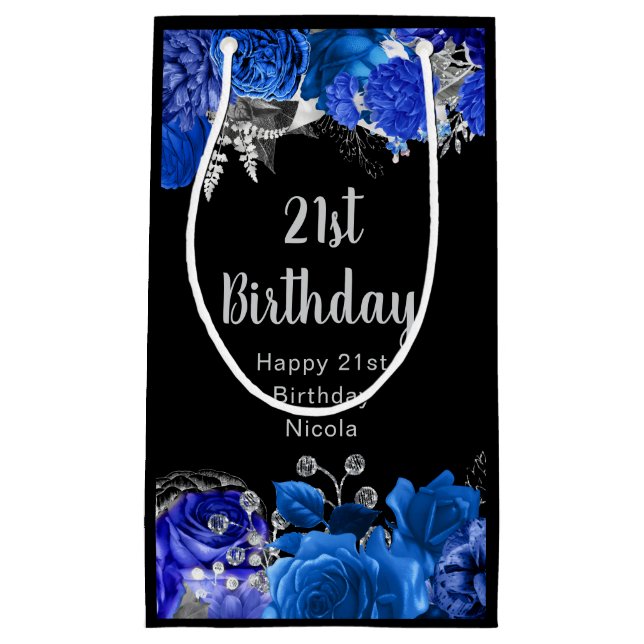 Elegant Blue and Silver Flowers Birthday Party Small Gift Bag (Front)