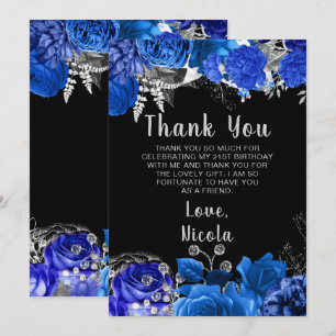 Elegant Blue and Silver Flowers Birthday Party Thank You Card