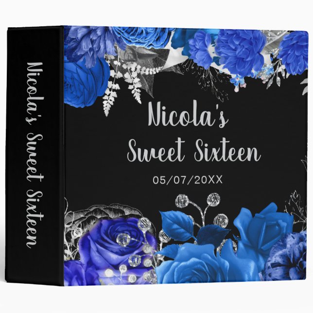 Elegant Blue and Silver Flowers Sweet Sixteen Binder (Front/Spine)