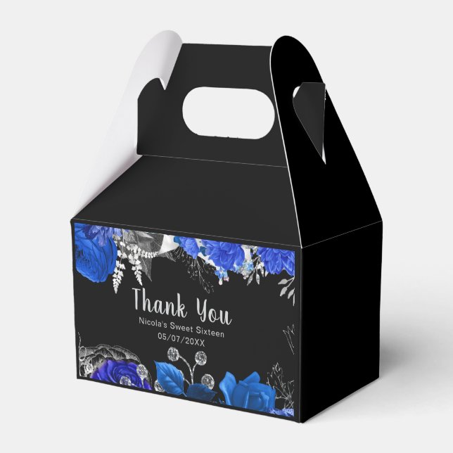 Elegant Blue and Silver Flowers Sweet Sixteen Favor Box (Front Side)