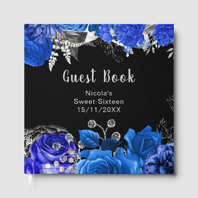 Elegant Blue and Silver Flowers Sweet Sixteen Guest Book (Front)
