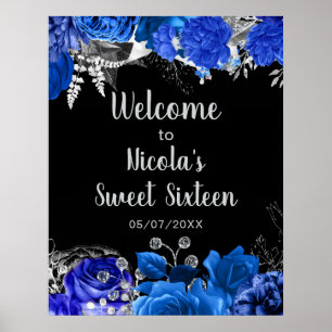 Elegant Blue and Silver Flowers Sweet Sixteen  Poster