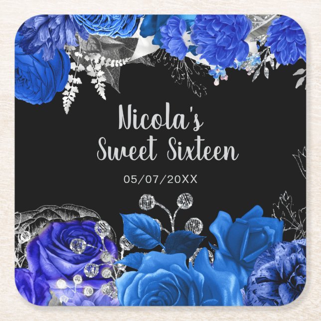 Elegant Blue and Silver Flowers Sweet Sixteen Square Paper Coaster (Front)