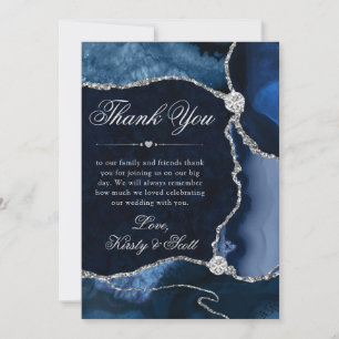 Elegant Blue and Silver Glitter Agate Wedding Thank You Card