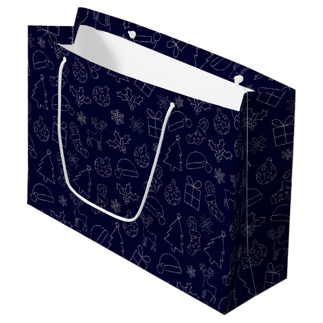 Elegant Blue and Silver Glitter Christmas Pattern Large Gift Bag (Front Angled)