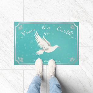 Elegant Blue and Silver 'Peace On Earth' Holiday  Doormat