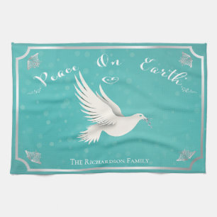 Elegant Blue and Silver 'Peace On Earth' Holiday  Kitchen Towel