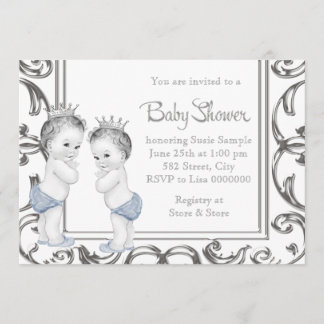Elegant Blue and Silver Twin Boy Baby Shower Invitation