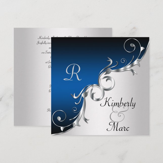 Elegant Blue and Silver Wedding Invitation (Front/Back)
