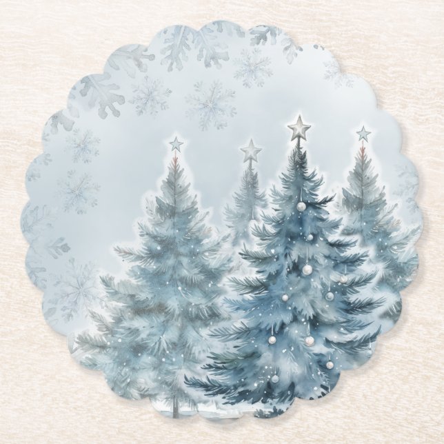 Elegant Blue and silver Winter Wonderland Paper Coaster (Front)