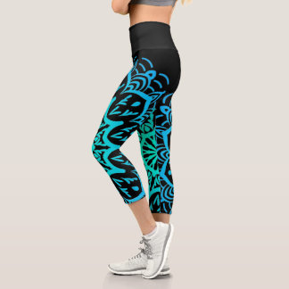 Elegant Blue and Teal Mandala on Black Capri Leggi