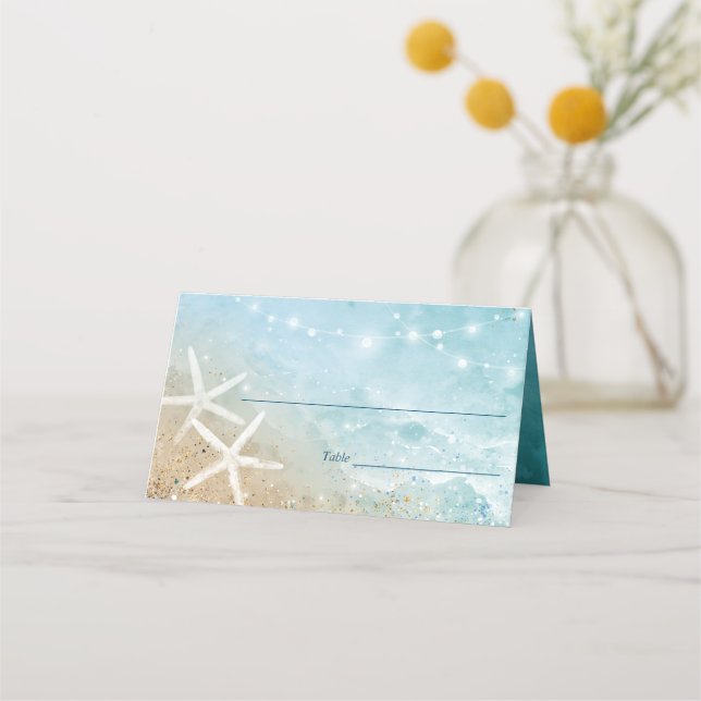 Elegant Blue and Teal Watercolor Beach Wedding Place Card (Front)