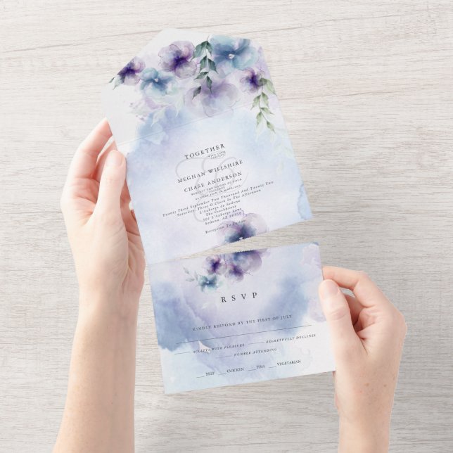  Elegant Blue and Violet Floral All In One All In One Invitation (Tearaway)
