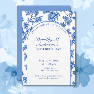 Elegant Blue and White 50th Birthday Party Invitation