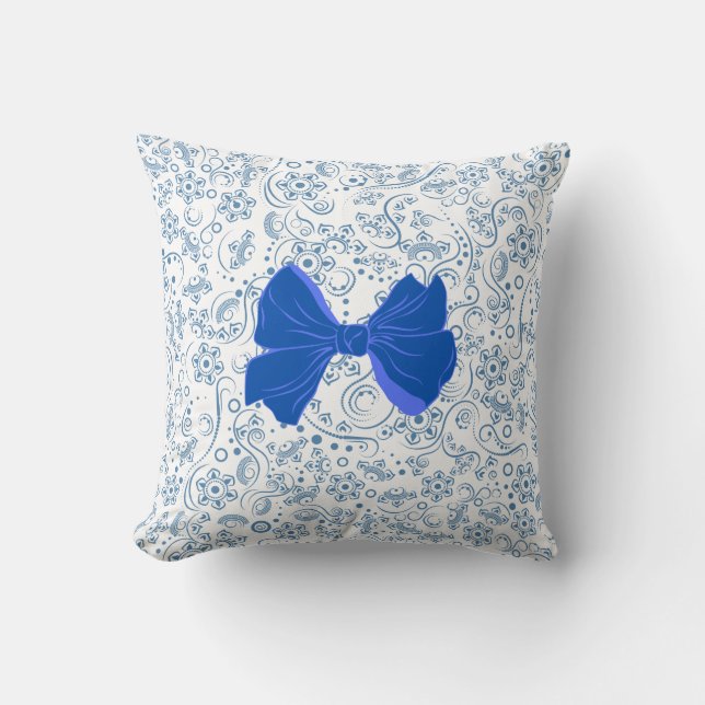 Elegant Blue and White Bow Pattern Throw Pillow (Front)