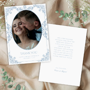 Elegant Blue and White Chic Vintage Wedding Photo Thank You Card