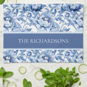 Elegant Blue and White Chinoiserie Floral Pattern Kitchen Towel