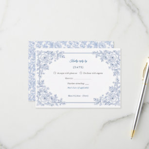 Elegant Blue and White Chinoiserie Floral Wedding RSVP Card