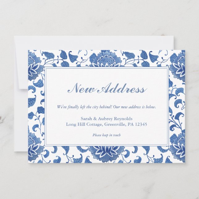 Elegant Blue And White Chinoiserie New Address Announcement (Front)